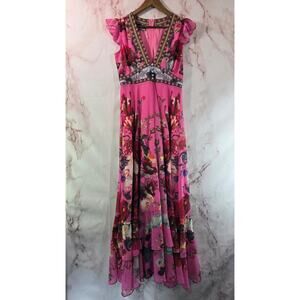 Dalia Macphee Dress Womens Medium Pink Floral Maxi Tiered Layered Ruffle D1557